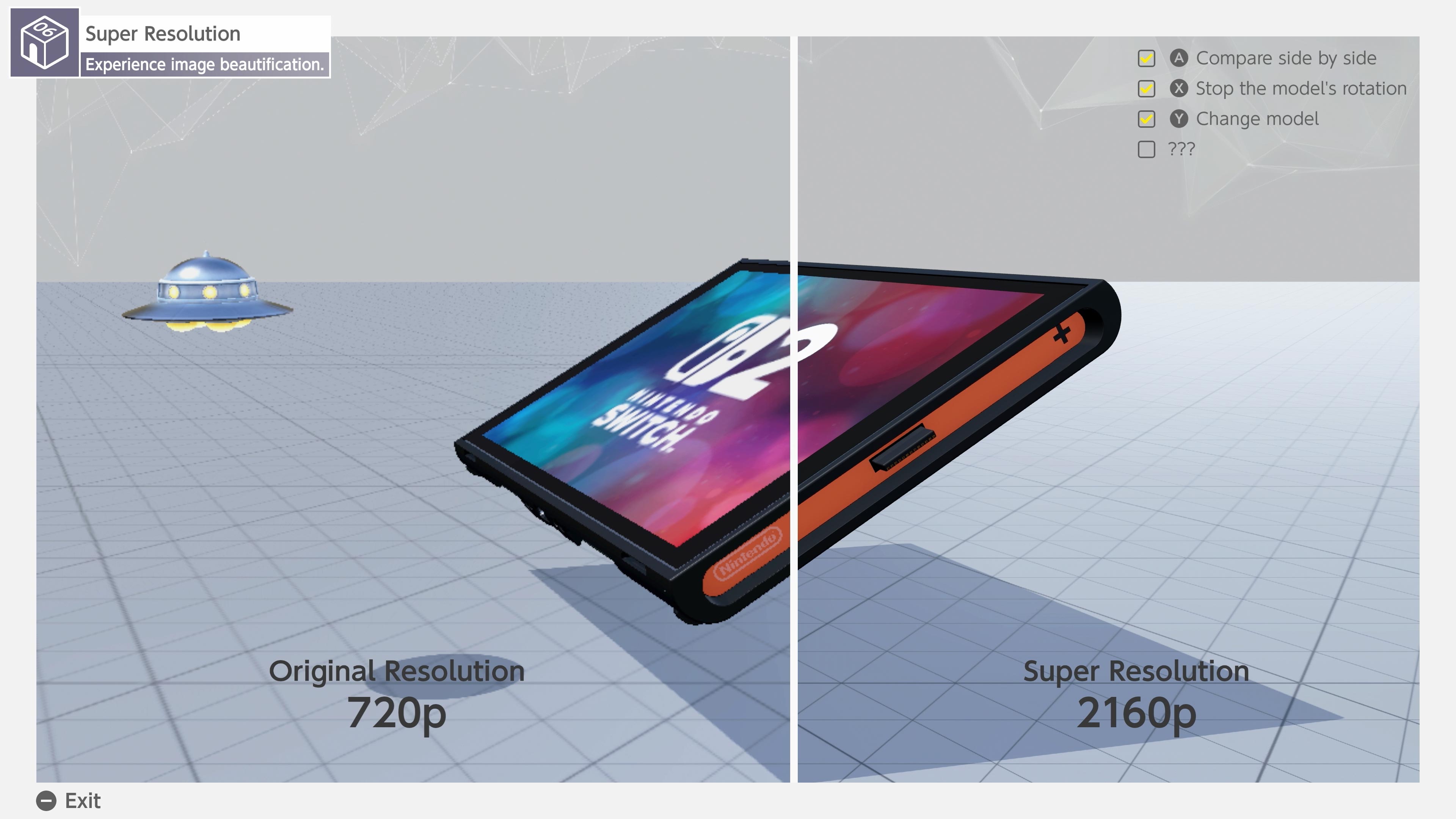 A screenshot from Nintendo Switch 2 Welcome Tour showing a mini game that explains the difference between 720p and 2610p resolutions.