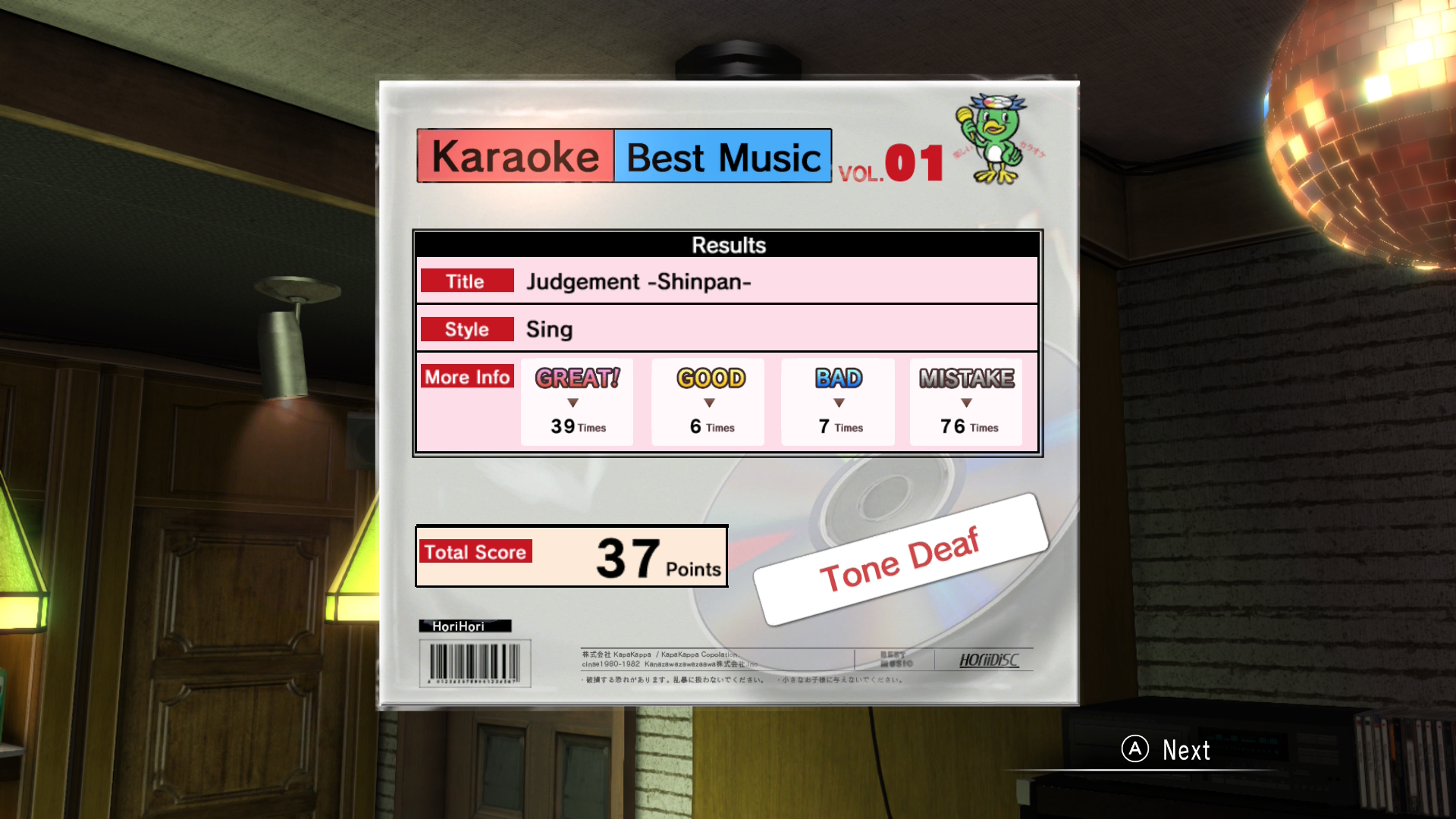 A screenshot of the karaoke minigame in Yakuza 0 with a "Tone Deaf" rating.