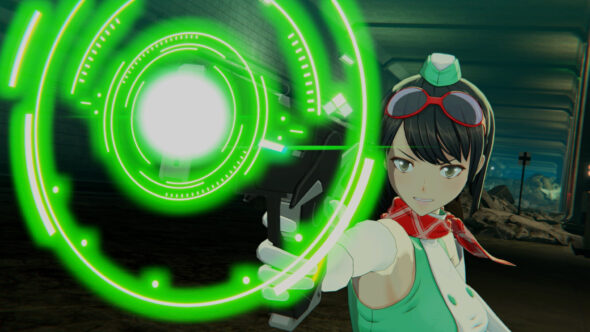 Promotional screenshot for Digimon Story Time Stranger showing the protagonist holding a glowing weapon.