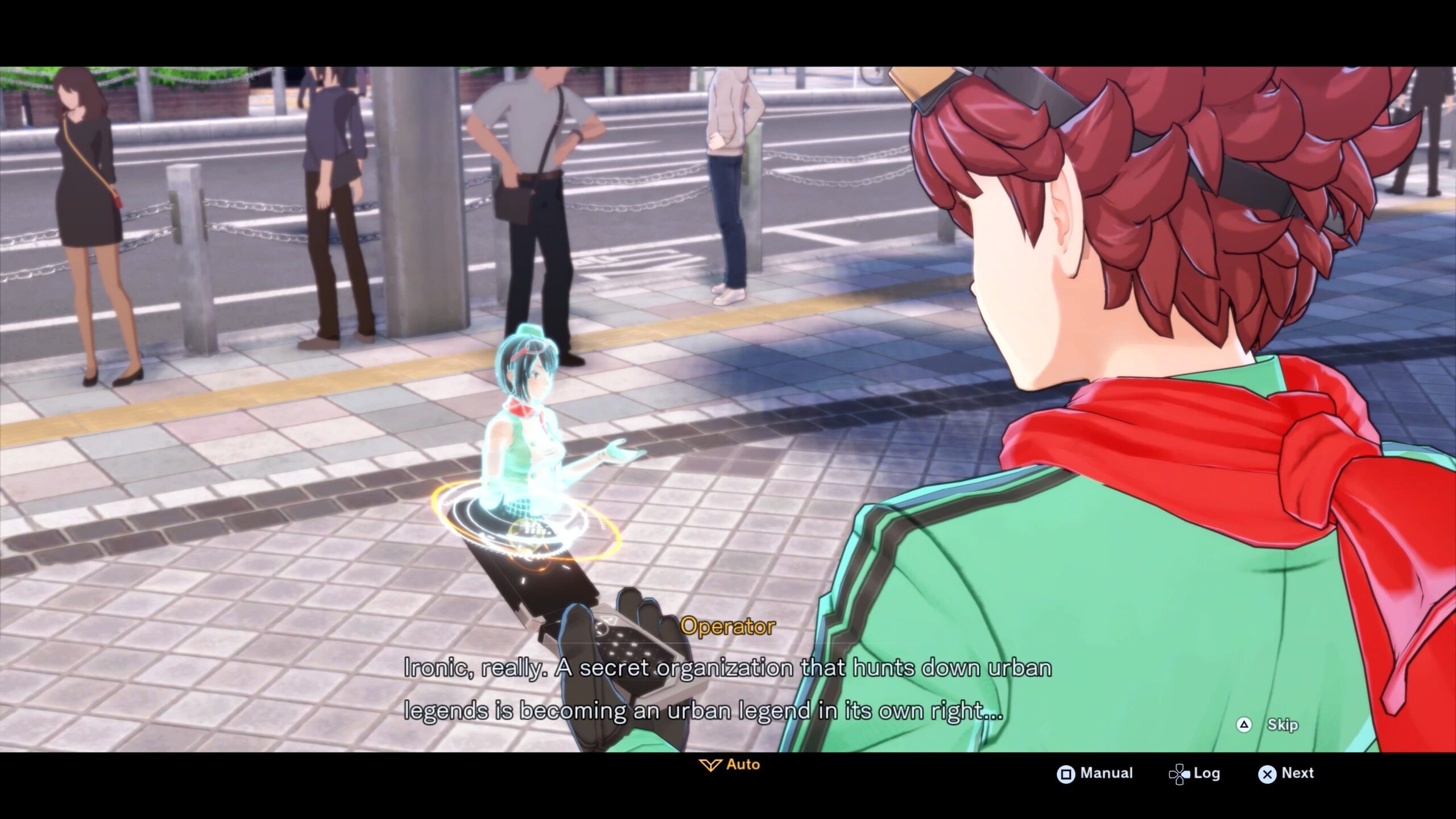 The Digimon Story Time Stranger protagonist talking to a hologram on a device in their hand. 