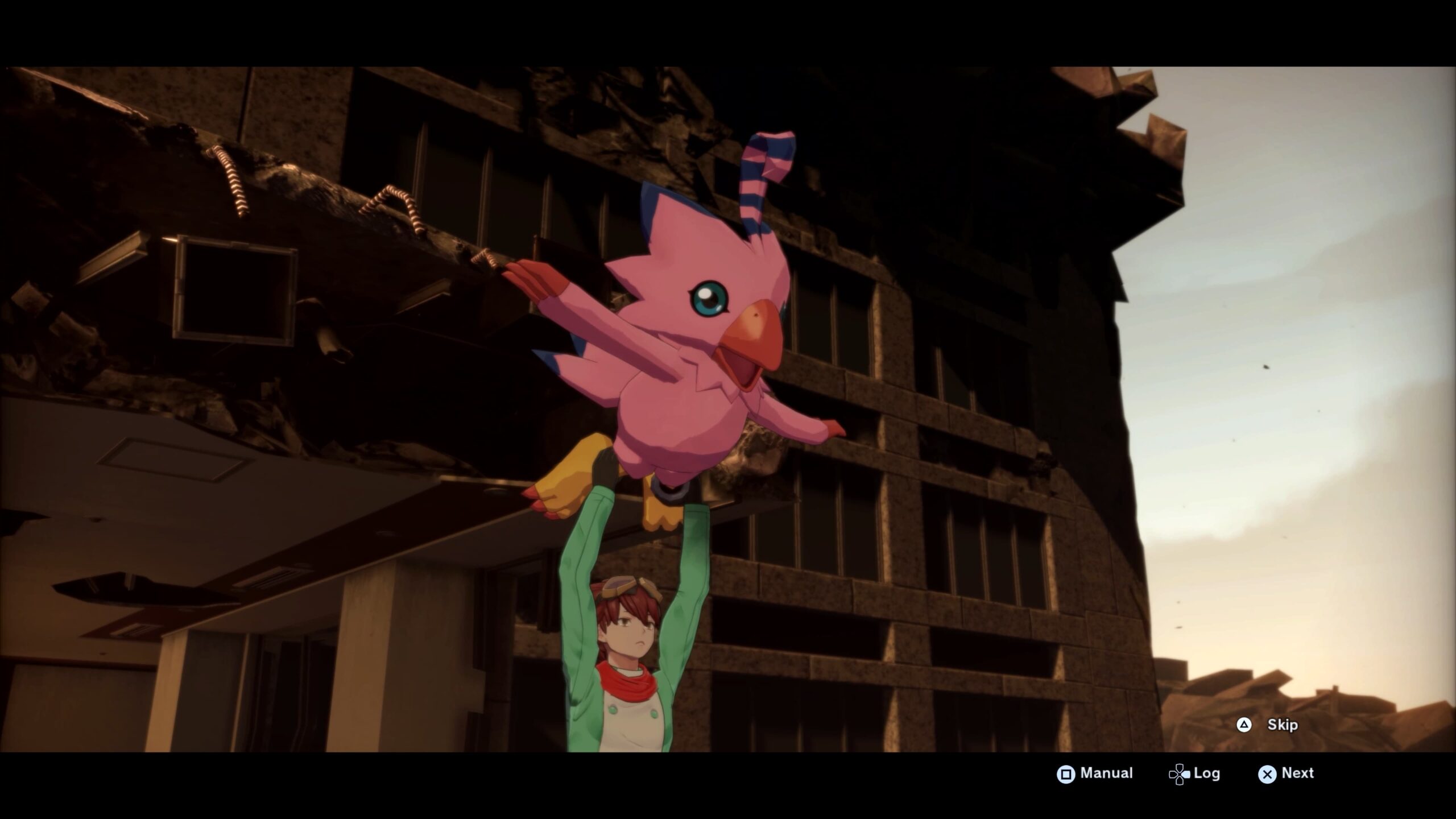 The player using a Biyomon to glide across a chasm