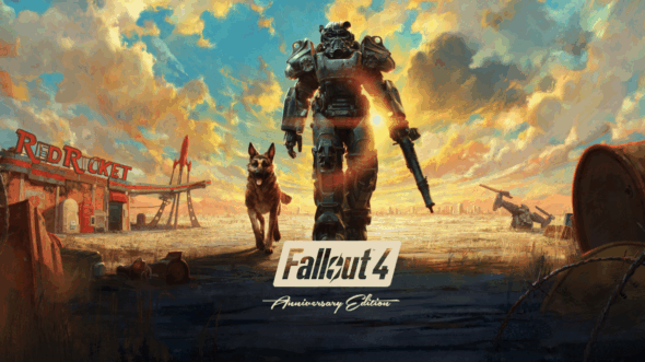 Fallout 4 main character walking towards camera in a suit of armour, with their canine companion Dogmeat, walking beside them