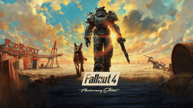 Fallout 4 main character walking towards camera in a suit of armour, with their canine companion Dogmeat, walking beside them