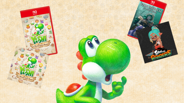 Yoshi looking at various artworks for Nintendo Switch 2 games