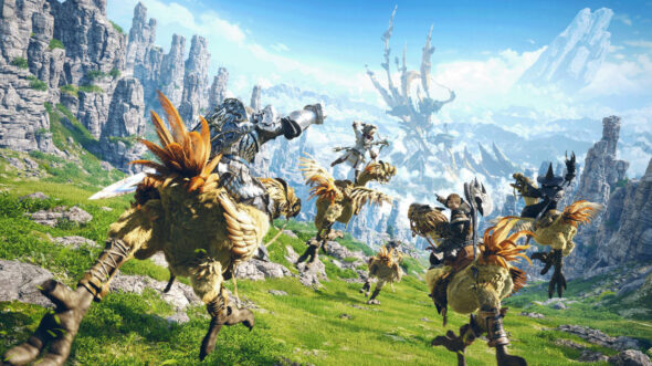 Players riding choccobos